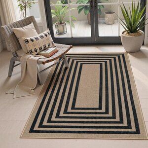 New Modern Geometric Easy Jute Outdoor Rug, 3x5 Black Washable Kitchen Rugs